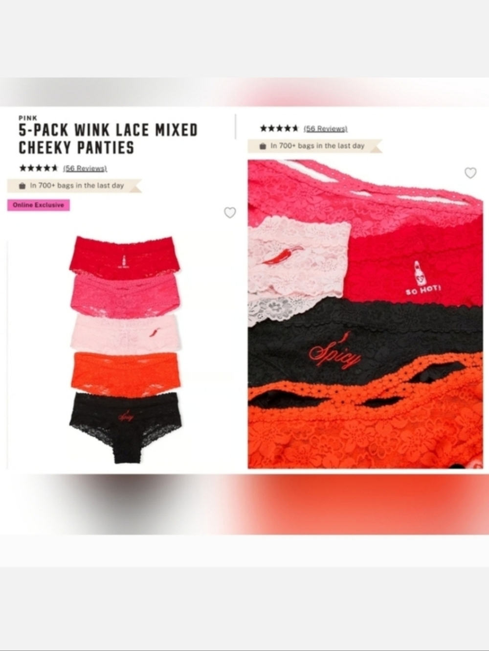 Victoria's Secret Pink Wink SPICY 5-Pack Lace Mixed Cheeky Panties XLARGE
